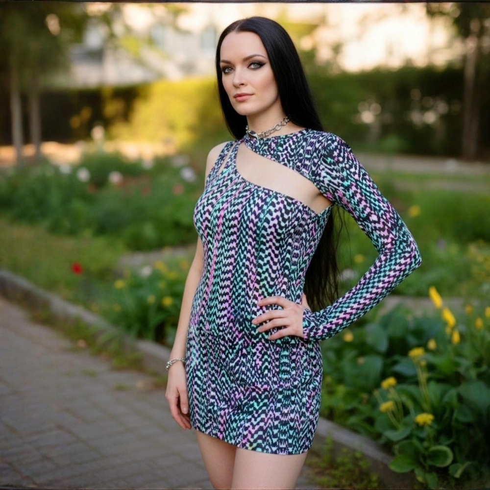 Oh Yes ✦ Pink Green One‑Shoulder Mini Dress ✦ Cut‑Out Psychedelic Zig‑Zag S NWT